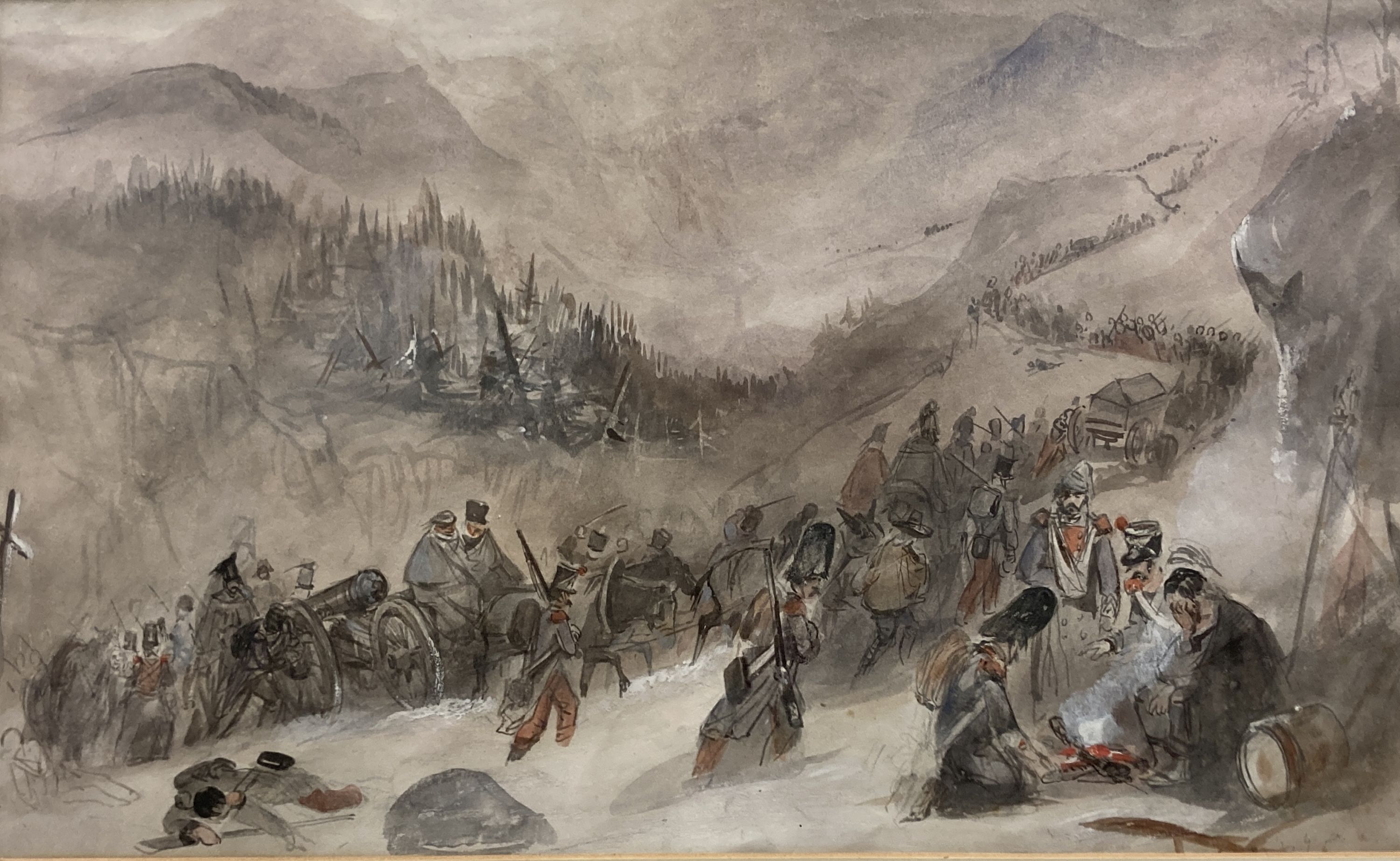 George Bryant Campion (1796-1870), Napoleons Army Crossing the Alps, signed, watercolour
